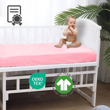 %100 Pamuk Penye, Lastikli Full Kenar Bebek Çarşafı – Oeko-tex Sertifikalı, Yumuşak ve Nefes Alabilir, Organik Pamuk, Anne Yanı, Çocuk Beşik Çarşafı (Pembe)