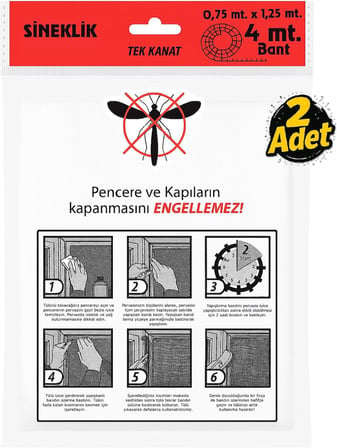Tek Kanat Pratik Sineklik, 0.75 m x 1.25 m Tül, Kapı & Pencere Uyumlu, 4 m Yapıştırma Bantlı (2 Adet)