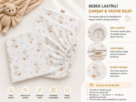 Minora%100 Pamuk Lastikli Bebek Çarşafı ve Yastık Kılıfı Seti 70x120 (pembe krem)