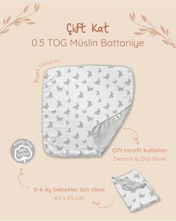% 100 Pamuk Çift Kat Müslin Battaniye Iconique Lapin - Gri Tavşan 65x65 Cm ÇFTTHROW1001