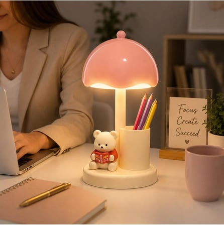 Ayıcıklı LED Masa Lambası Kalemlik USB Şarjlı 3 Kademeli Ayıcık Kalemlik Telefon Tutucu