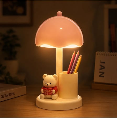 Ayıcıklı LED Masa Lambası Kalemlik USB Şarjlı 3 Kademeli Ayıcık Kalemlik Telefon Tutucu
