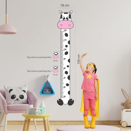 Sevimli İnek Boy Ölçer Sticker - Bebek ve Çocuk Odası Boy Cetveli
