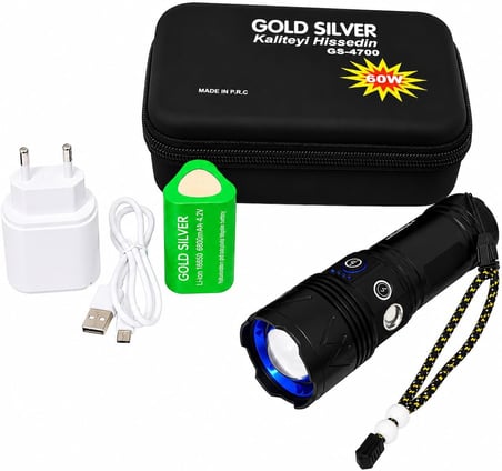 GOLD SILVER GS-4700 Şarjlı El Feneri, USB Type-C Şarjlı, 18650 Pilli, COB Yan Işık, Zoomlu LED El Feneri, 5 Aydınlatma Modu, Alüminyum Gövde, Kamp Balıkçılık Acil Durum