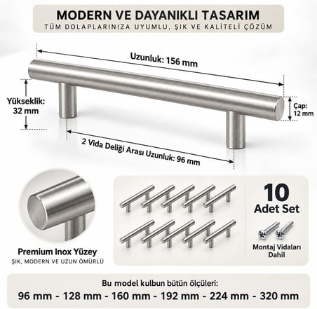 Paslanmaz Metal Kulp, Inox Dolap Çekmece Mobilya Kulbu, TV Ünitesi Yatak Odası Vestiyer Mutfak için (96 mm, Adet, 10)