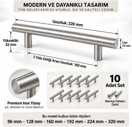 Paslanmaz Metal Kulp, Inox Dolap Çekmece Mobilya Kulbu, TV Ünitesi Yatak Odası Vestiyer Mutfak için (160 mm, Adet, 10)