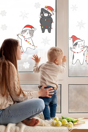 Crevidi Yılbaşı Kutlayan Sevimli Kediler Çocuk Odası Stickeri