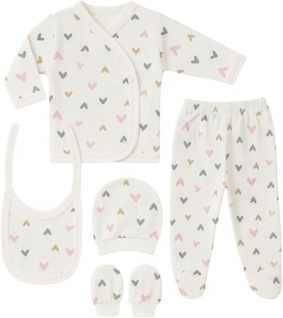 %100 Pamuklu 5 Parça 3Kalpli Hastane Çıkışı Seti – Bebek Zıbın Takımı, Şapka, Önlük, Eldiven