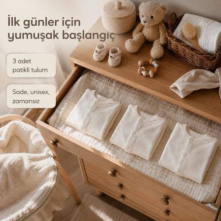 3'lü Yenidoğan Bebek Tulumu, 0-3 Ay Unisex Ekru Organik Pamuk Tulum Seti