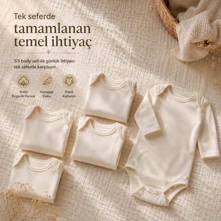 Yenidoğan Bebek Body 5’li Set, Unisex Ekru Organik Pamuk 0-3 Ay Body