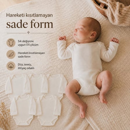 Yenidoğan Bebek Body 5’li Set, Unisex Ekru Organik Pamuk 0-3 Ay Body