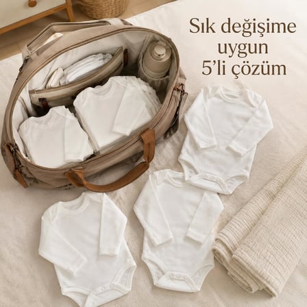 Yenidoğan Bebek Body 5’li Set, Unisex Ekru Organik Pamuk 0-3 Ay Body