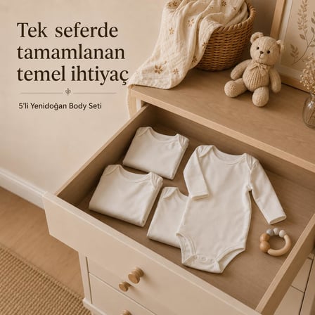 Yenidoğan Bebek Body 5’li Set, Unisex Ekru Organik Pamuk 0-3 Ay Body
