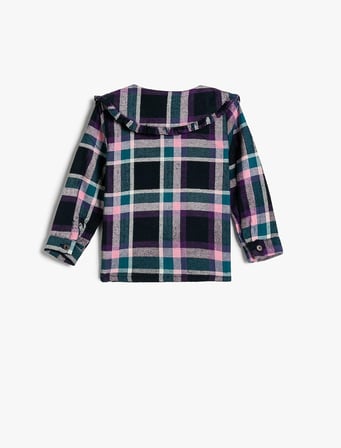 Kız Bebek Oduncu Gömlek Geniş Bebe Yaka Fırfır Detaylı Pamuklu Yumuşak Dokulu Pembe Kareli, 3/4 Ay