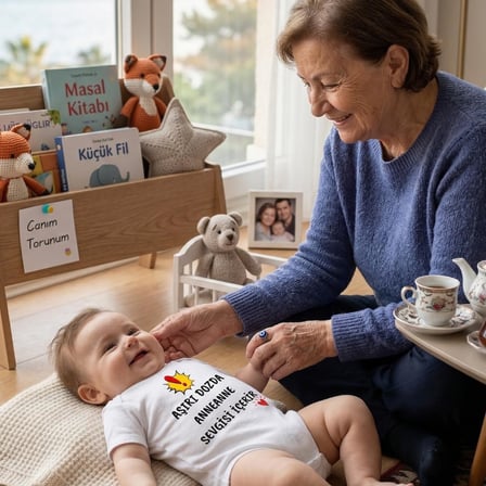 Anneannem Beni Çok Seviyor Temalı Bebek Body%100 Pamuk Bebek Zıbın (6-9 Ay)