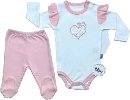 Mebs Clothing Pembe Body Takımı, Kalp Nakışlı, Çıtçıtlı, Uzun Kollu Body Takımı