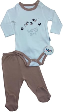 Mebs Clothing Kız Bebek Body Takım, Somon Body, Kedi Baskılı ve Taş Süslemeli, Çıtçıtlı