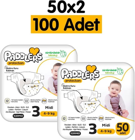 Protection Bebek Bezi 3 Numara Midi (4-9 Kg) 100 Adet – 2’li Jumbo Set, Maksimum Koruma