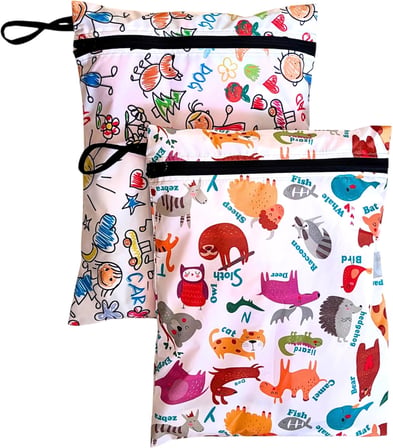 2 Adet, 37 x 30 Cm, Family ve Zoo Desen, Sıvı Geçirmeyen Çok Amaçlı Çanta, Ekonomik Set, Yıkanabilir