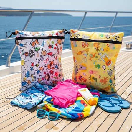 2 Adet, 36 x 30 cm Summer ve Family Desen, Sıvı Geçirmeyen Çok Amaçlı Çanta, Ekonomik Set, Yıkanabilir, Fermuarlı ve Askılı