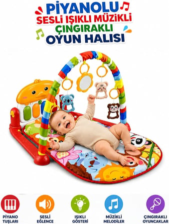 Oyuncak Piyanolu Sesli Işıklı Müzikli Çıngıraklı Bebek Oyun Halısı | Aynalı Aktivite Halısı | 0-6 Ay ve 6+ Ay Gelişim Oyuncağı Matlı