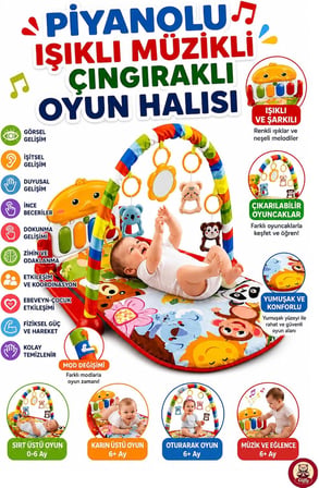 Oyuncak Piyanolu Sesli Işıklı Müzikli Çıngıraklı Bebek Oyun Halısı | Aynalı Aktivite Halısı | 0-6 Ay ve 6+ Ay Gelişim Oyuncağı Matlı