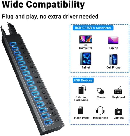 Profesyonel USB Hub 16 Portlu USB 3.0 5Gbps Bireysel Açma Kapama Anahtarları 12V DC 7.5A Güç Adaptörü USB Hub 3.0 Telefon Şarj Dizüstü Bilgisayar Mobil HDD Flash Sürücü Power Switches Port16