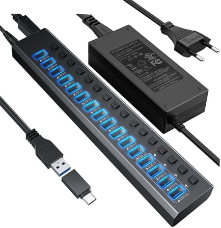 Profesyonel USB Hub 16 Portlu USB 3.0 5Gbps Bireysel Açma Kapama Anahtarları 12V DC 7.5A Güç Adaptörü USB Hub 3.0 Telefon Şarj Dizüstü Bilgisayar Mobil HDD Flash Sürücü Power Switches Port16
