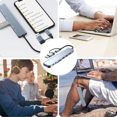 Çoklayıcı Adaptör 8 in 2 USB Type-C to USB A, USB C, SD/TF Kart Okuyucu – MacBook ve Laptop Uyumlu Çok Portlu USB HUB Çoğaltıcı