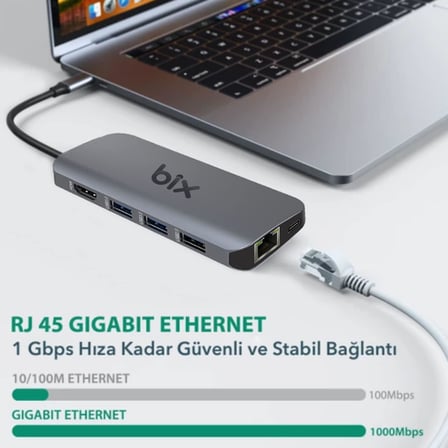 BX10HB PRO 8in1 USB C Hub 4K@60Hz HDCP HDMI, 1Gbps RJ45, 3x USB 3.2, 100W PD Port Macbook Uyumlu Dönüştürücü