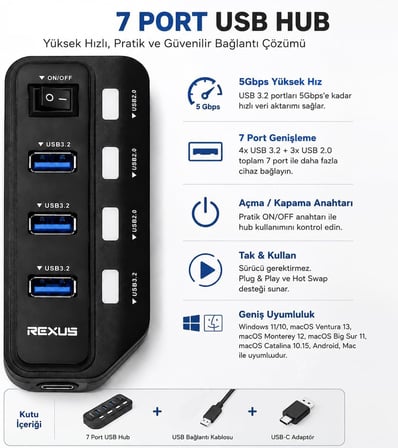 7 Port USB Hub USB 3.2 Gen1 5Gbps, 4x USB 3.2 + 3x USB 2.0 Çoklayıcı, Açma Kapama Anahtarlı, USB-A ve USB-C Adaptörlü, Plug & Play, Windows Mac Android Uyumlu | SY-U332