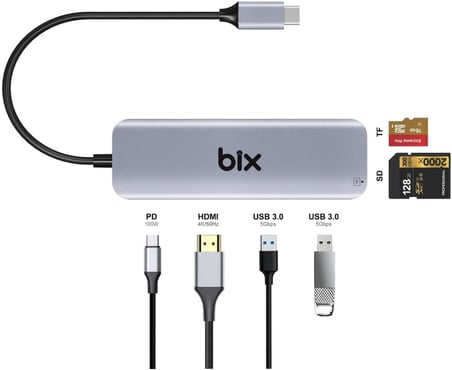 BX09HB Type-C to 2*USB 3.0 4K HDMI PD 100W SD ve Micro SD Kart Okuyucu Çoklayıcı Hub