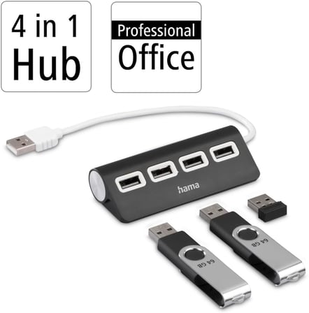 USB Hub, 4 Ports, USB 2.0, 480 Mbit/s, siyah