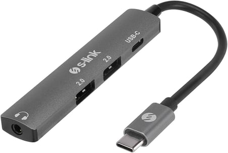 S-Link SWV-USBC024 4 in 1 Type-C Adaptör, Gri Metal USB-C Çoklayıcı, 2x USB 2.0 + USB-C + 3.5mm AUX Portlu Type-C Hub, Laptop Tablet PC MacBook İçin Kulaklık Mouse Klavye USB Bellek Bağlantı Adaptörü