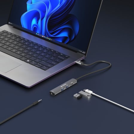 S-Link SWV-USBC024 4 in 1 Type-C Adaptör, Gri Metal USB-C Çoklayıcı, 2x USB 2.0 + USB-C + 3.5mm AUX Portlu Type-C Hub, Laptop Tablet PC MacBook İçin Kulaklık Mouse Klavye USB Bellek Bağlantı Adaptörü