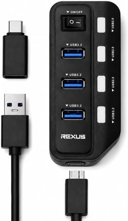 7 Port USB Hub USB 3.2 Gen1 5Gbps, 4x USB 3.2 + 3x USB 2.0 Çoklayıcı, Açma Kapama Anahtarlı, USB-A ve USB-C Adaptörlü, Plug & Play, Windows Mac Android Uyumlu | SY-U332
