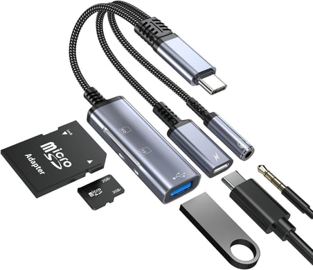 CR63 Type-C 5in1 Çok Fonksiyonlu OTG Hub – 60W PD Hızlı Şarj, 3.5mm Kulaklık Girişi, SD & Micro SD Kart Okuyucu ve USB 2.0 Adaptör
