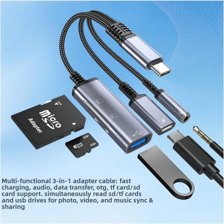 CR63 Type-C 5in1 Çok Fonksiyonlu OTG Hub – 60W PD Hızlı Şarj, 3.5mm Kulaklık Girişi, SD & Micro SD Kart Okuyucu ve USB 2.0 Adaptör