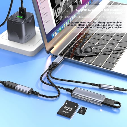 CR63 Type-C 5in1 Çok Fonksiyonlu OTG Hub – 60W PD Hızlı Şarj, 3.5mm Kulaklık Girişi, SD & Micro SD Kart Okuyucu ve USB 2.0 Adaptör