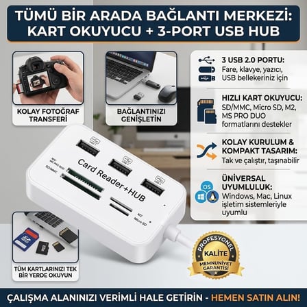 3 Port 2.0 Usb Çoklayıcı Hub + 4 Slot Kart Okuyucu, 45 cm kablo