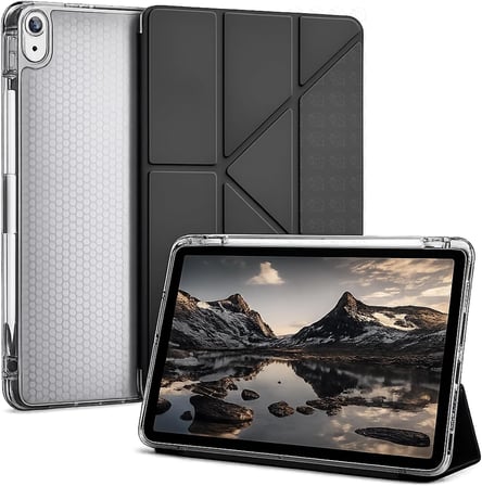 [Kalem Bölmeli] iPad 11. ve 10. Nesil Tablet Kılıfı, Siyah, A16 Çipli Apple Tablet Kabı, 4 Kademeli Katlanır Stand, Şeffaf Petek Dokulu Silikon Arka, Kalem Yuvalı Kapak