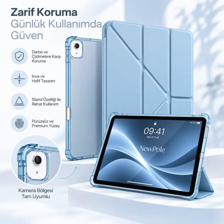 iPad Air 11 İnç M4/M3/M2 / 10.9 İnç 5. / 4. Nesil için Kılıf Kalem Tutuculu, Otomatik Uyku/Uynama Modlu Özel Çizim, Yazma ve Görüntüleme Açıları, Darbeye Dayanıklı 3 Katlı Standlı Kılıf