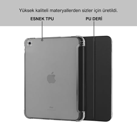 Klasse Apple iPad 10.2 inç (2019/2020/2021) Modellerinin Tümüyle Uyumlu Uyku Modlu, Apple Pencil Kalemlikli, Trifold, Esnek, Mat, Darbeye Tam Dayanıklı Smart Tablet Kılıfı (Siyah)