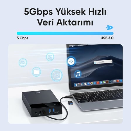 JHD40 2.5" ve 3.5" İnç SATA HDD SSD Harici Disk Kutusu, USB 3.1 Type-C 5Gbps, 3 Port USB Hub, 24TB Destekli