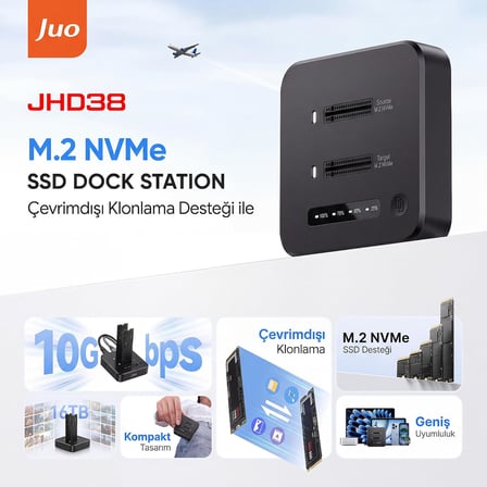 JHD38 Dual M.2 NVMe SSD Offline Clone Docking Station 16TB Type-C 10Gbps USB 3.2 Klon Fonksiyonlu Disk İstasyonu
