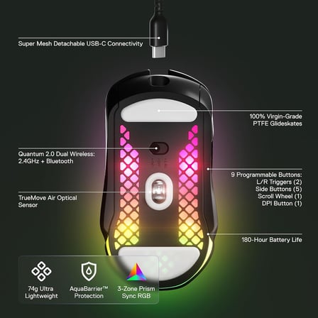 Aerox 5 Wireless Gaming Mouse - 74 Gram, 9 Tuşlu - Bluetooth/2,4 GHz – IP54 Suya ve Toza Dayanıklı - PC/MAC - Siyah