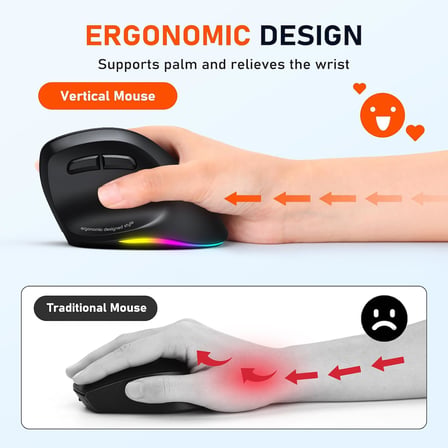 Ergonomik fare, kablosuz dikey fare RGB arkadan aydınlatmalı şarj edilebilir fare, Bluetooth(5.2 + 3.0) ve USB-A USB-C adaptörlü 4 ayarlanabilir DPI, Mac/Windows/Andriod/PC/Tablet/iPad için