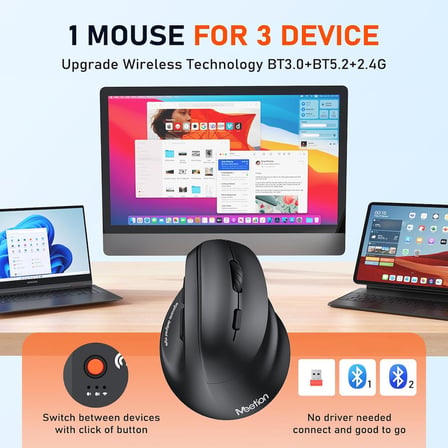 Ergonomik fare, kablosuz dikey fare RGB arkadan aydınlatmalı şarj edilebilir fare, Bluetooth(5.2 + 3.0) ve USB-A USB-C adaptörlü 4 ayarlanabilir DPI, Mac/Windows/Andriod/PC/Tablet/iPad için