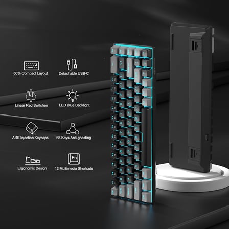 Taşınabilir%60 Mekanik Oyuncu Klavyesi, MK-Box LED Aydınlatmalı Kompakt 68 Tuşlu Mini Kablolu Ofis Klavyesi (Kırmızı Switch) – Windows, Laptop, PC, Mac Uyumlu – Siyah/Gri