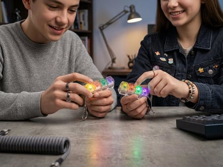 Dörtlü Mekanik Switch Deneyici Anahtarlık - Şeffaf Renkli Tuş Başlıklı Işıklı Aksesuar - Taşınabilir Mekanik Klavye Temalı Fidget ve Stres Giderici